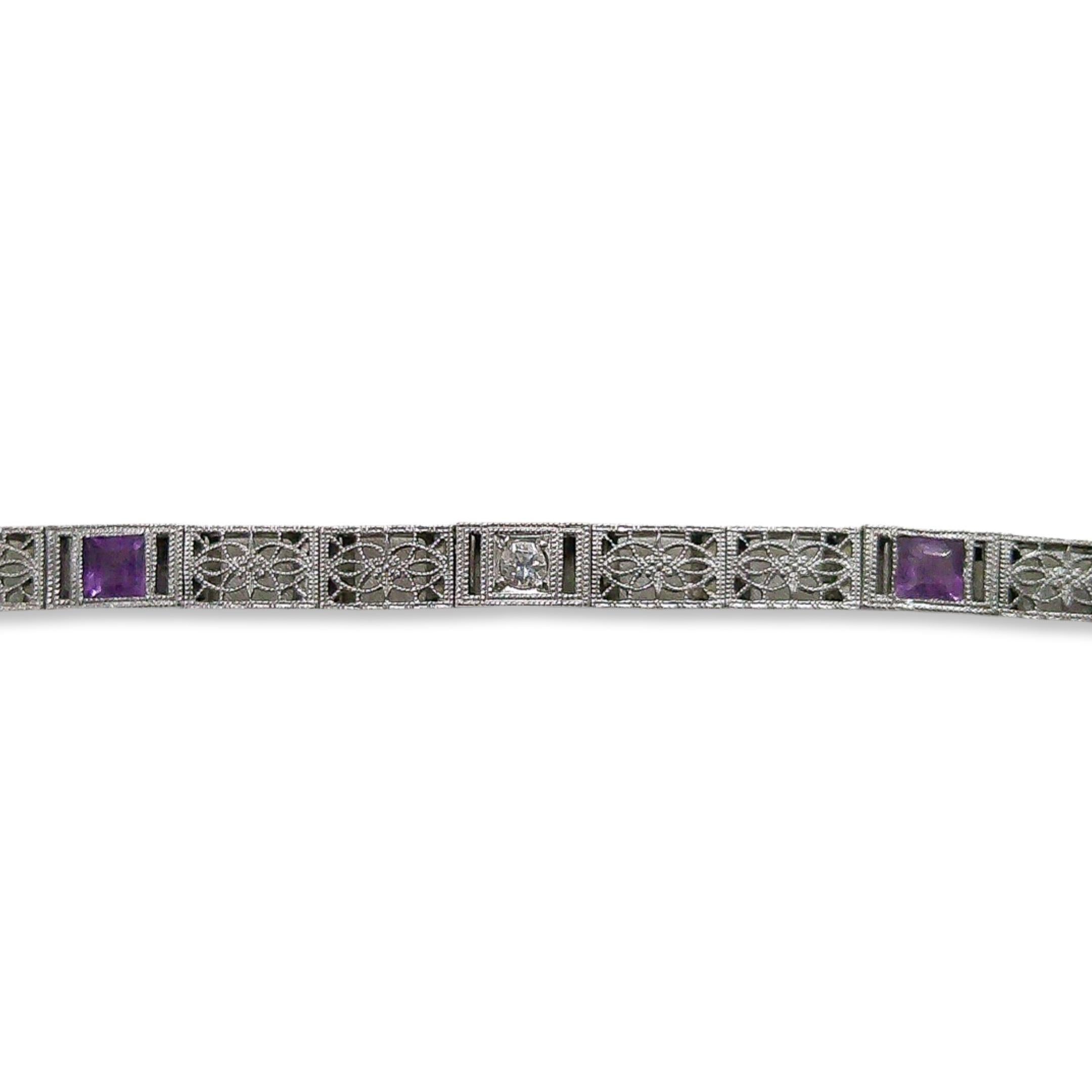 Art Deco 14k Amethyst Filigree Bracelet In Excellent Condition For Sale In Montgomery, AL