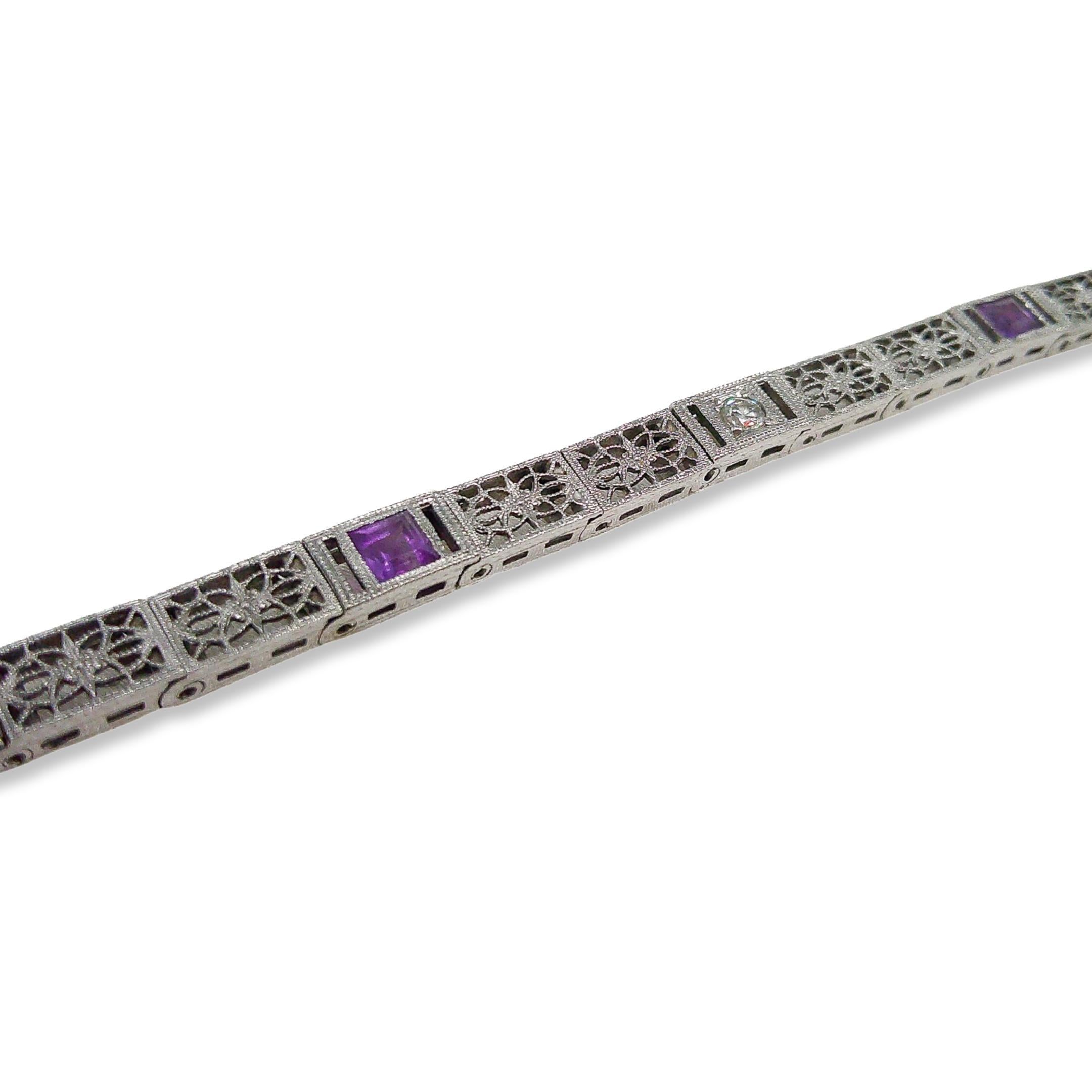 Women's Art Deco 14k Amethyst Filigree Bracelet For Sale