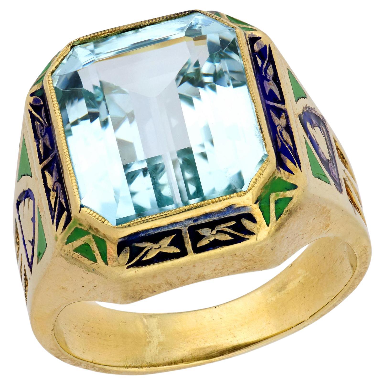 Art Deco 14k Aqua Enamel Cocktail Ring For Sale