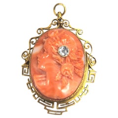 Art Deco 14K Carved Coral Cameo Portrait with Old European Cut diamond Brooch