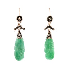 Art Deco 14k Carved Jade Dangle Earrings