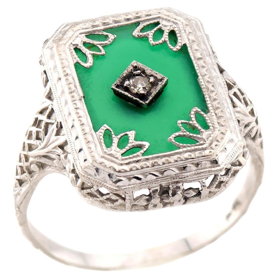 Ring mit 14 Karat Chrysopras und Diamant im Art déco-Stil