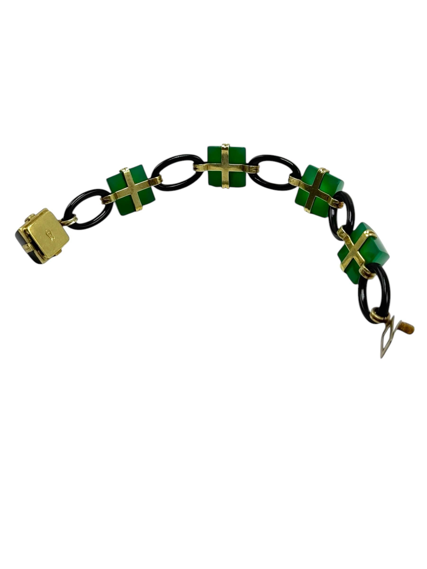 Pulsera Art Déco 14k Crisoprasa y Ónice Cabujón de pan de azúcar en venta