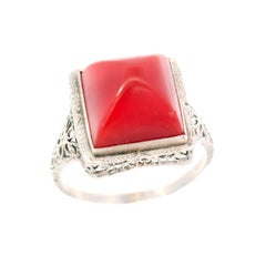 Bague Art Déco 14k Corail Cabochon Bullet