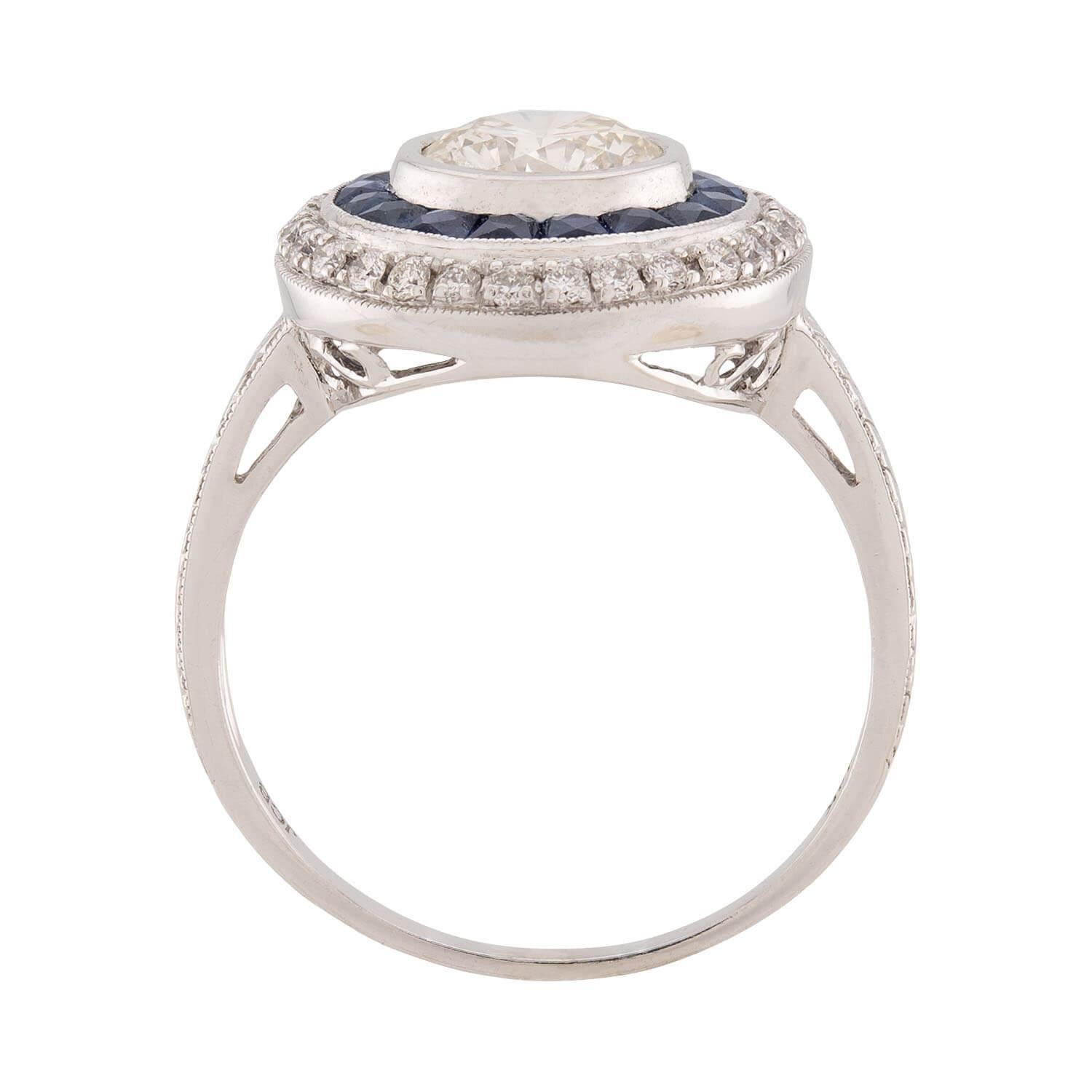 Old European Cut Art Deco 14k Diamond and Sapphire Halo Ring For Sale