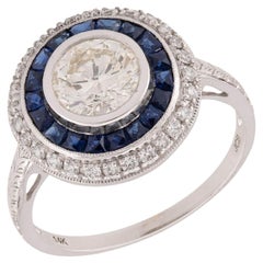 Anillo halo de diamantes y zafiros Art Decó 14k