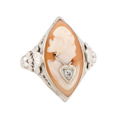 Art Deco 14k Diamond Cameo Navette Ring