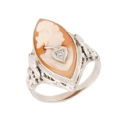 Art Deco 14k Diamond Cameo Navette Ring