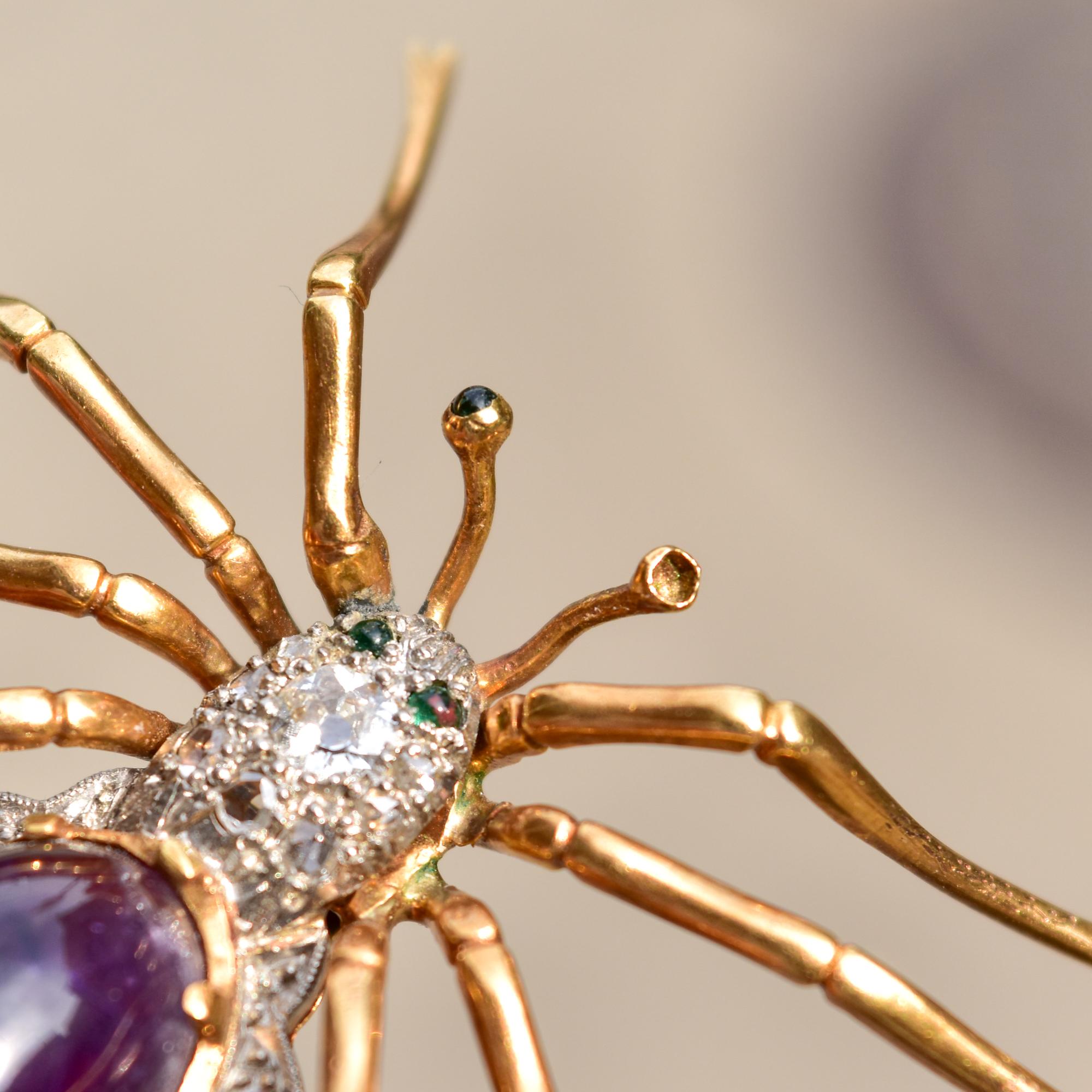 Art Deco 14K Diamond Encrusted Amethyst Spider Brooch For Sale 2
