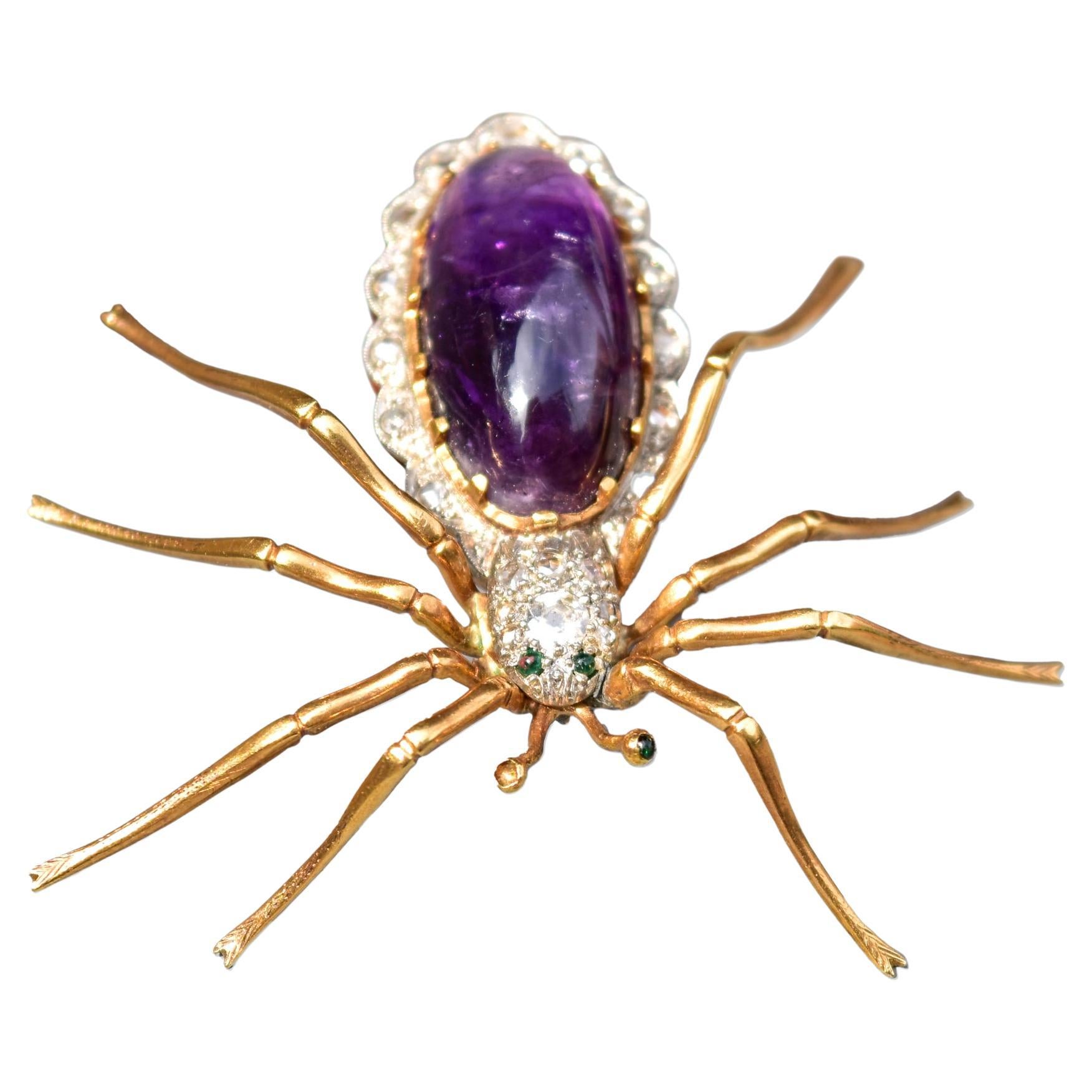 Art Deco 14K Diamond Encrusted Amethyst Spider Brooch For Sale