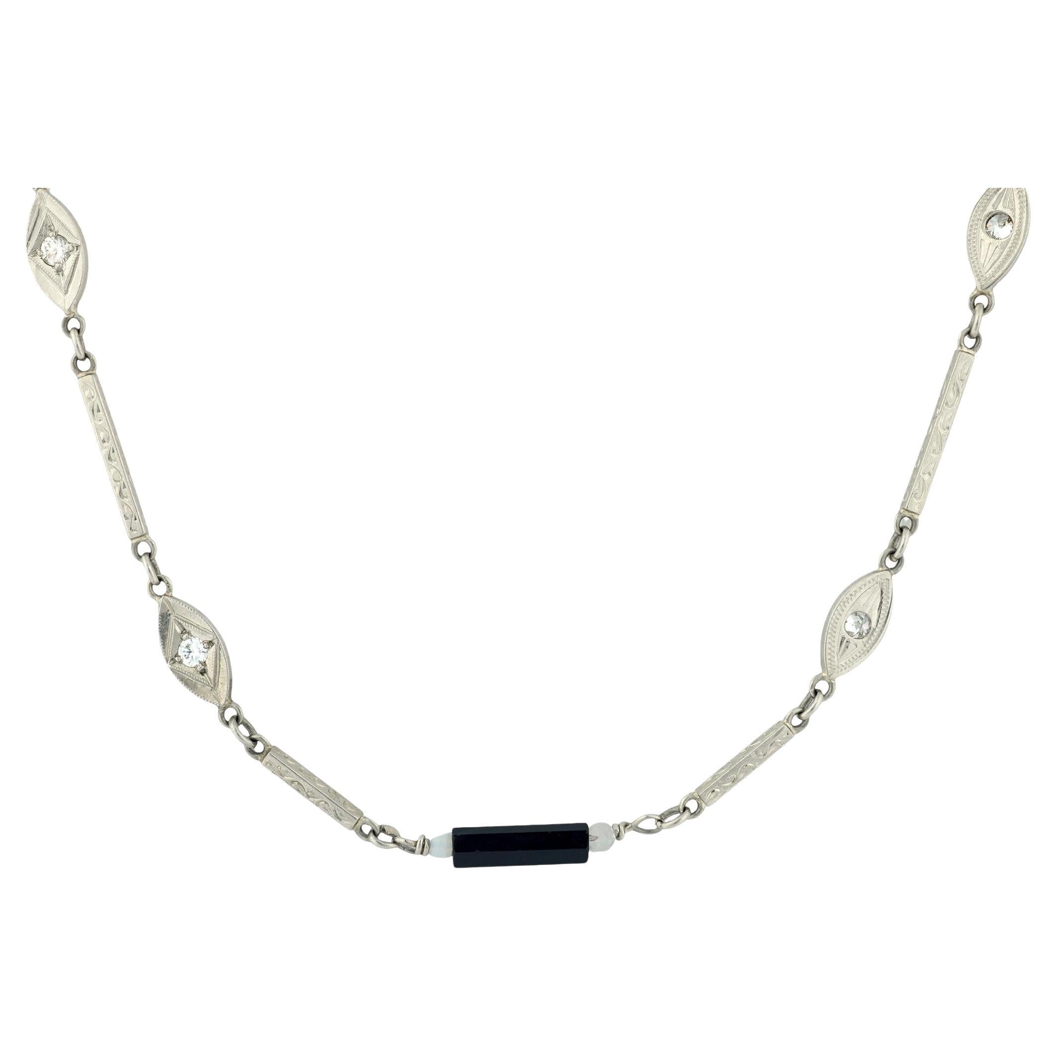 Art Deco 14k Diamond, Onyx, and Agate Chain Necklace
