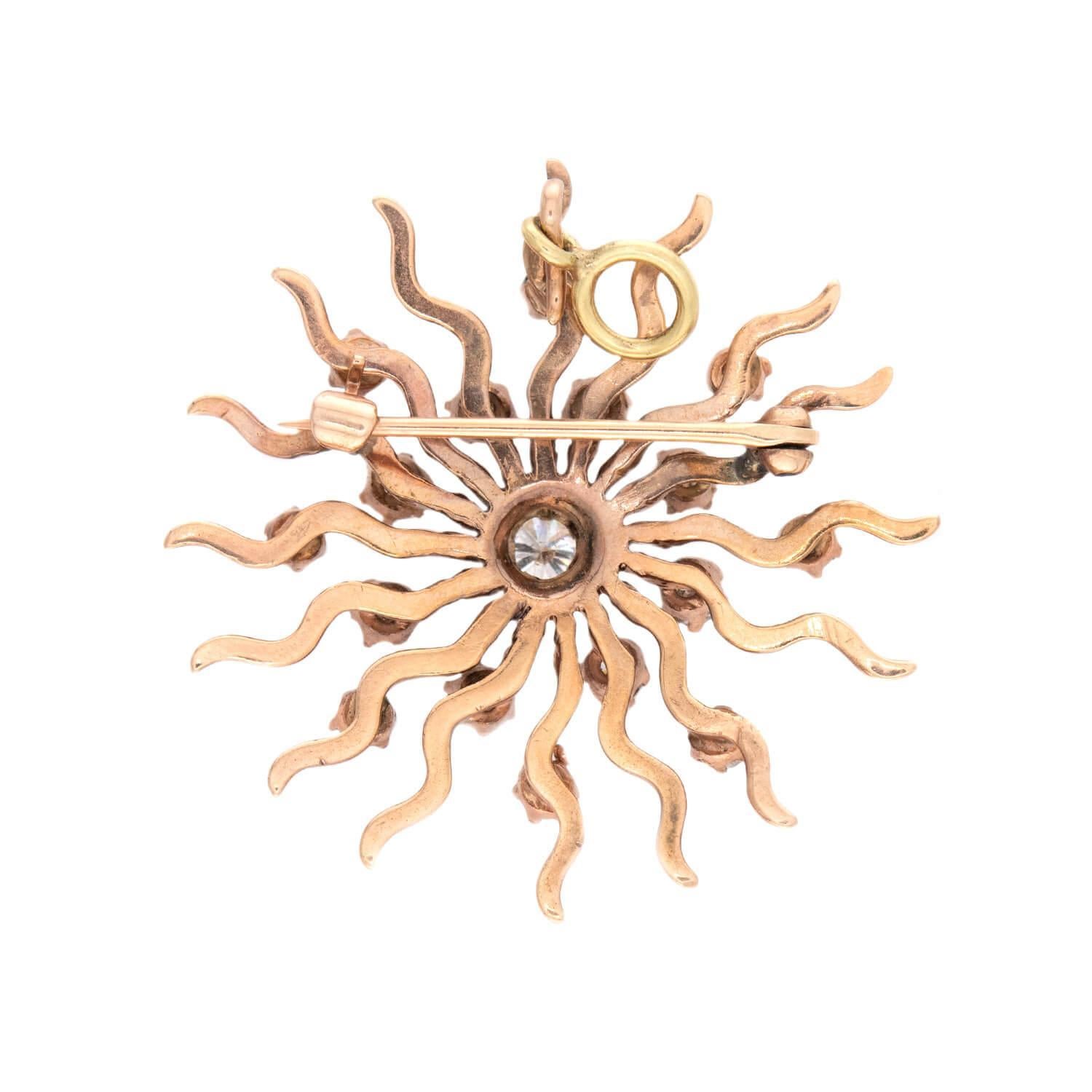 Old European Cut Art Deco 14k Diamond Starburst Pin/Pendant For Sale