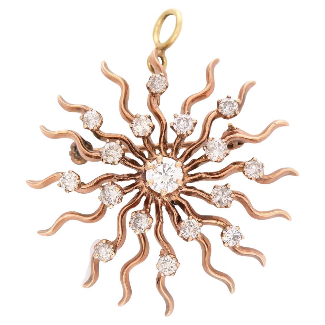 Art Deco 14k Diamond Starburst Pin/Pendant For Sale