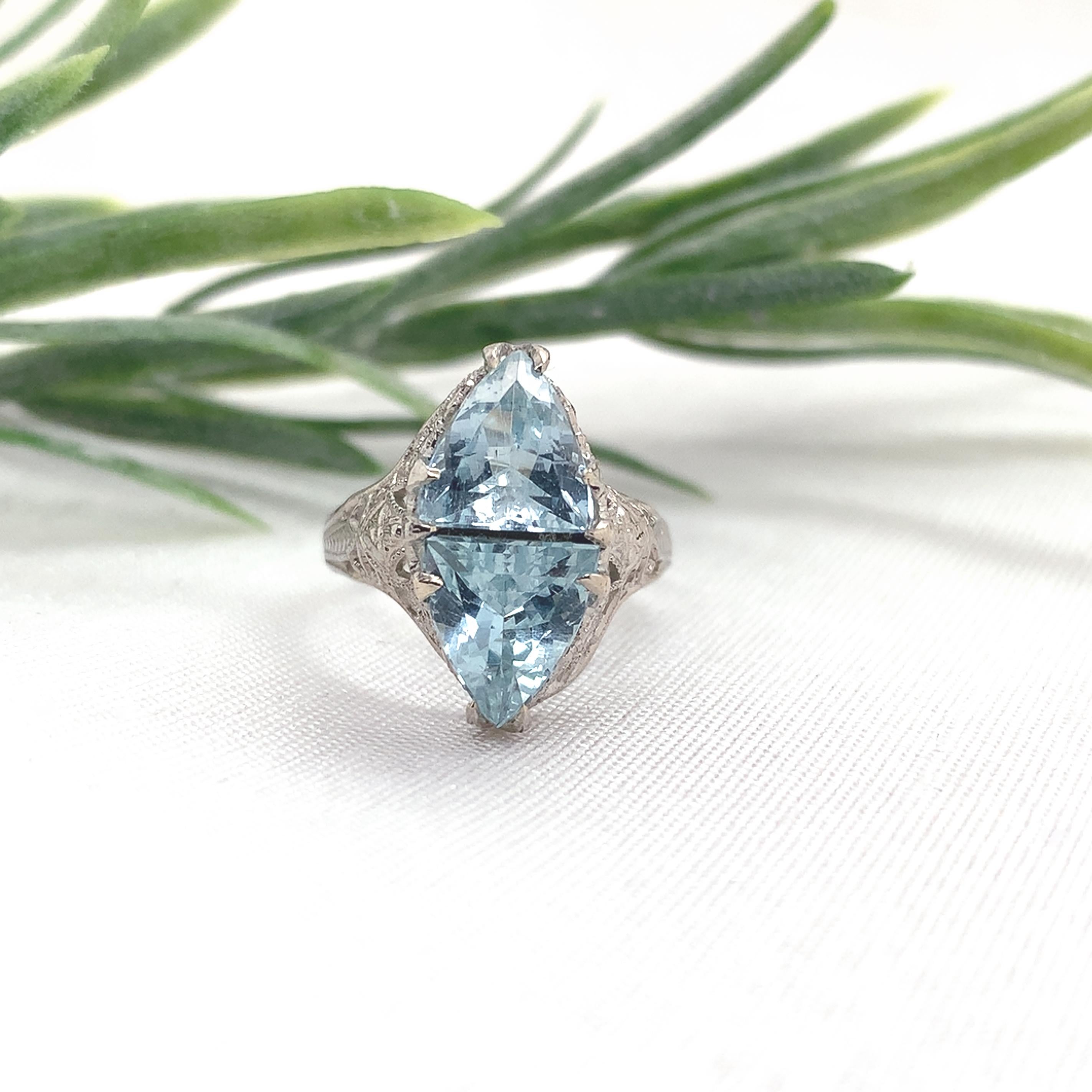Anello Art Deco in filigrana 14K con 2,15ct tw di acquamarine misura 4,25 in vendita 1