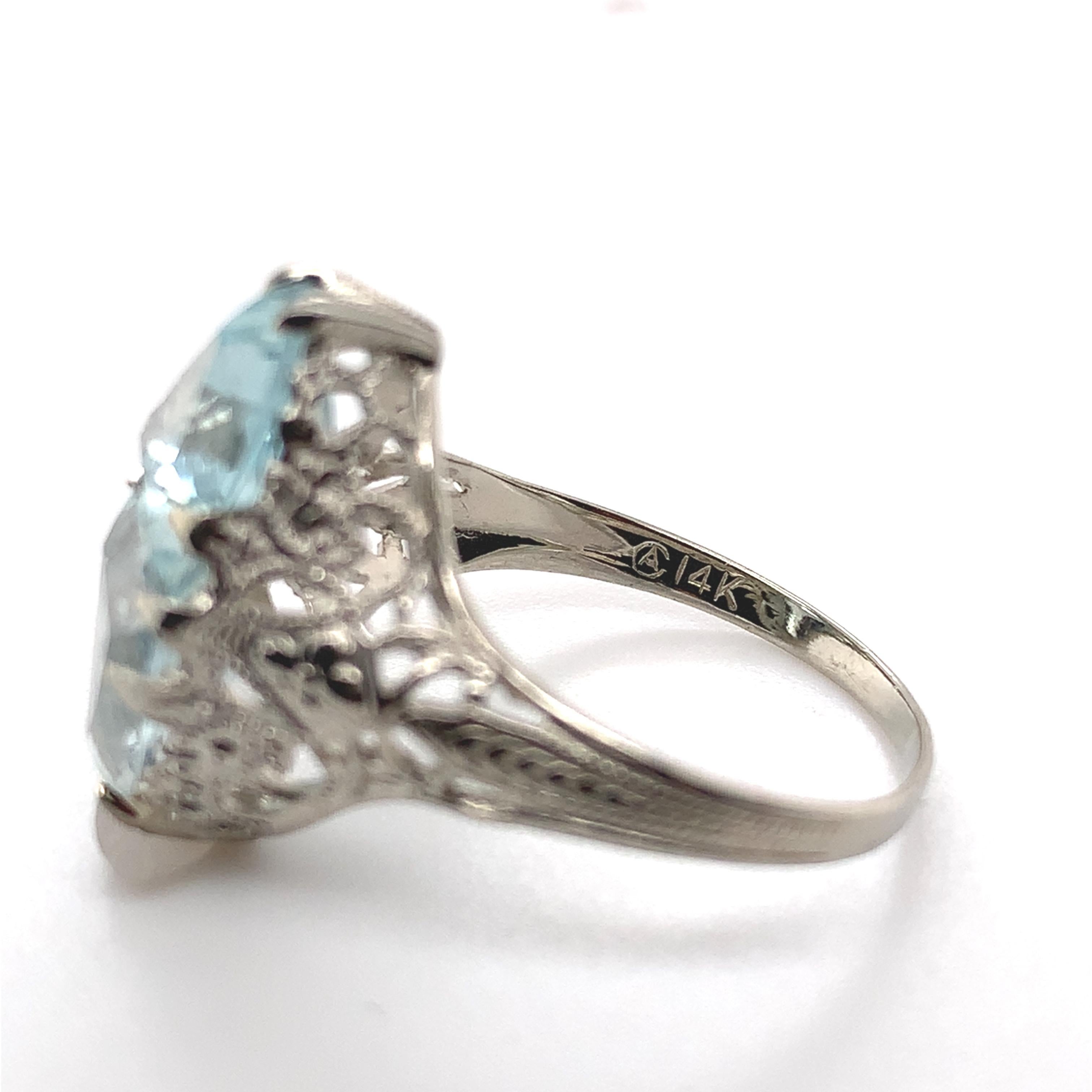 Anello Art Deco in filigrana 14K con 2,15ct tw di acquamarine misura 4,25 in vendita 4