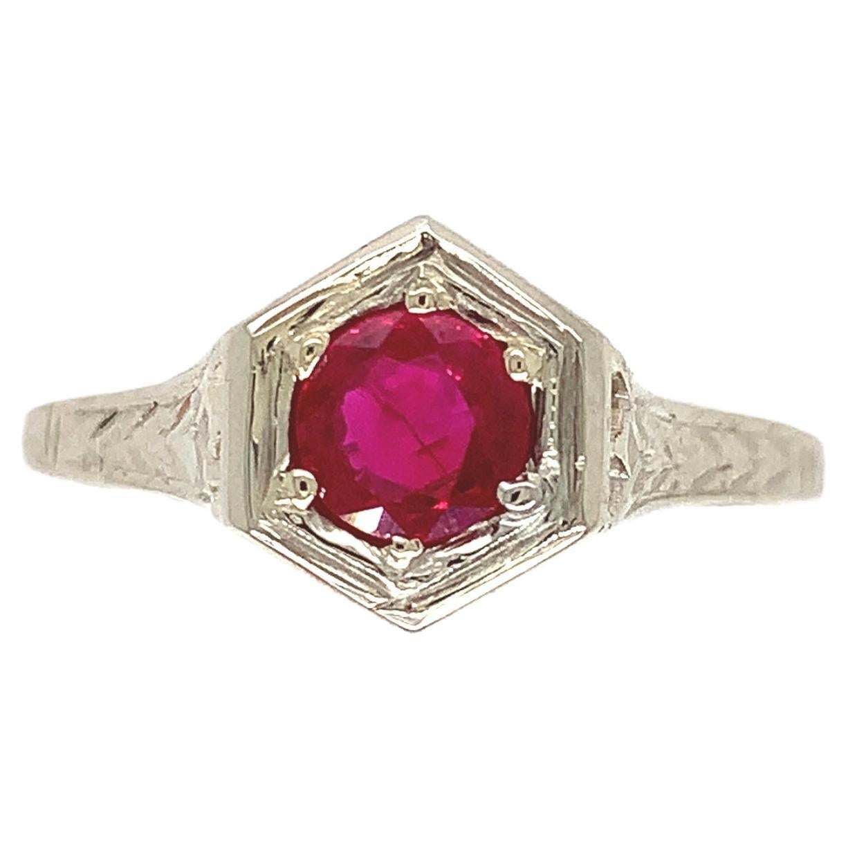 Art Deco 14K Gold .49ct Ruby Ring Hand Engraved For Sale