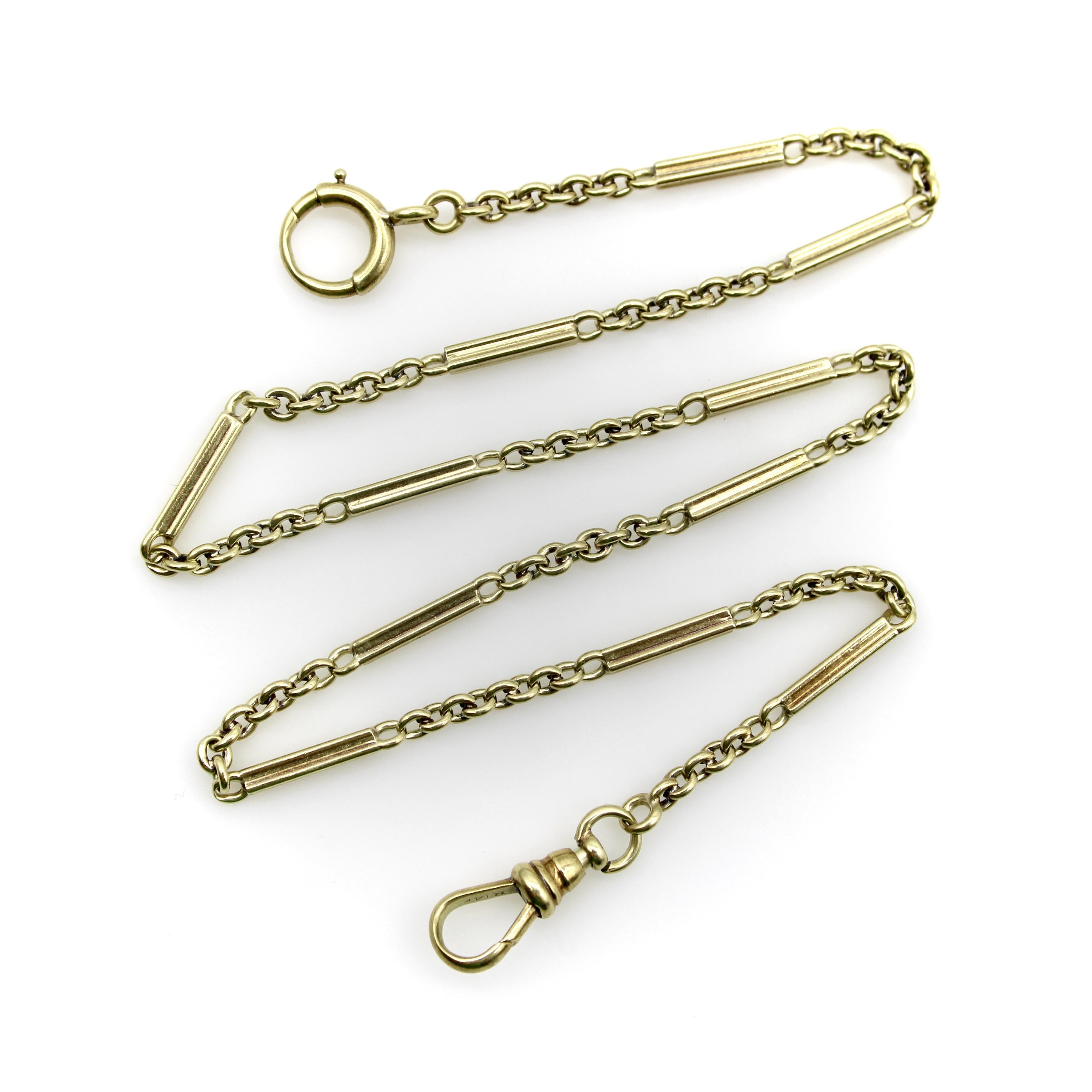 Art Deco 14K Gold Alternating Link Watch Chain For Sale 1