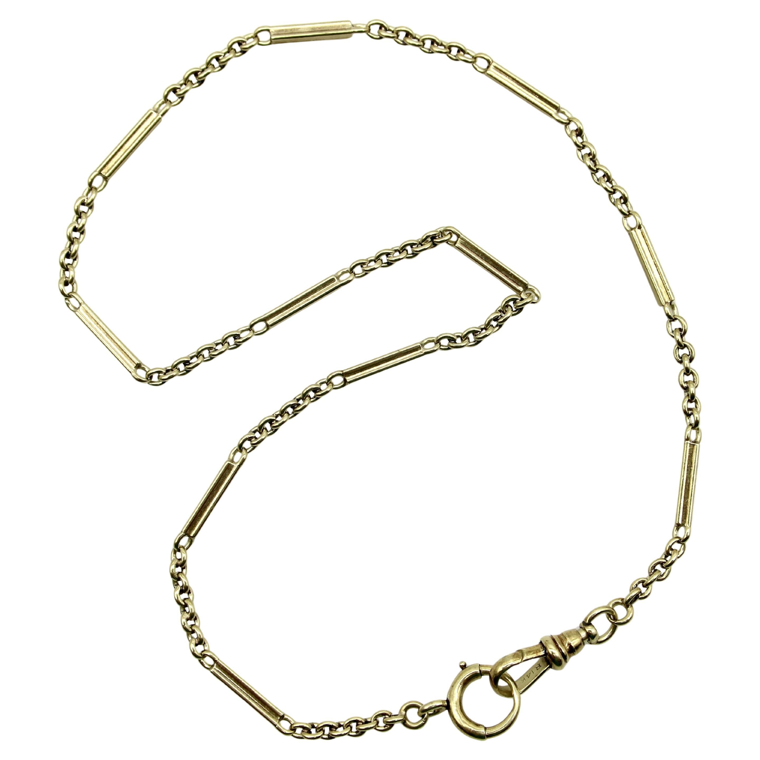 Art Deco 14K Gold Alternating Link Watch Chain For Sale