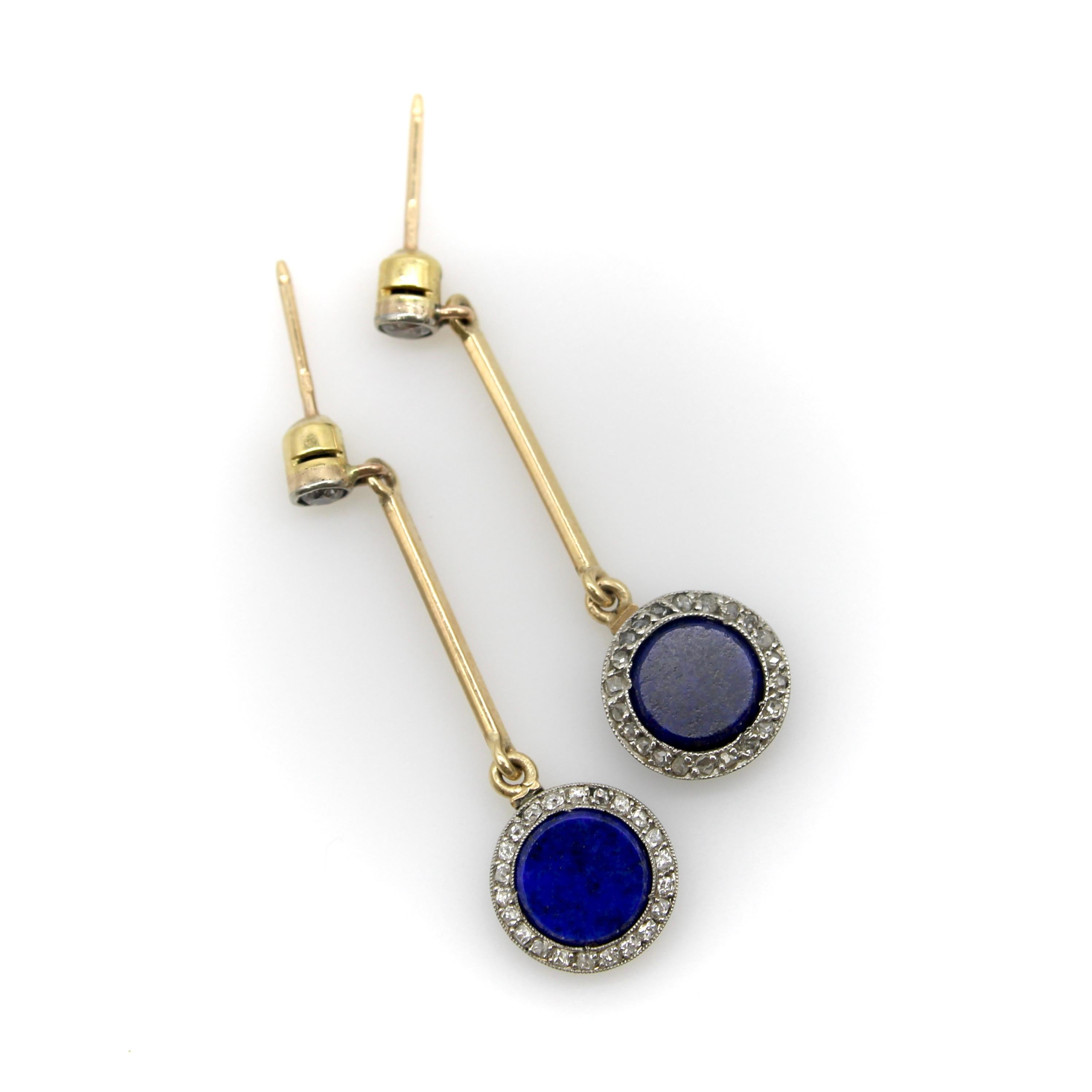Taille vieille Europe Boucles d'oreilles pendantes Art Déco en or 14K et platine avec diamants et lapis en vente