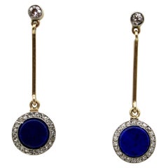 Boucles d'oreilles pendantes Art Déco en or 14K et platine avec diamants et lapis