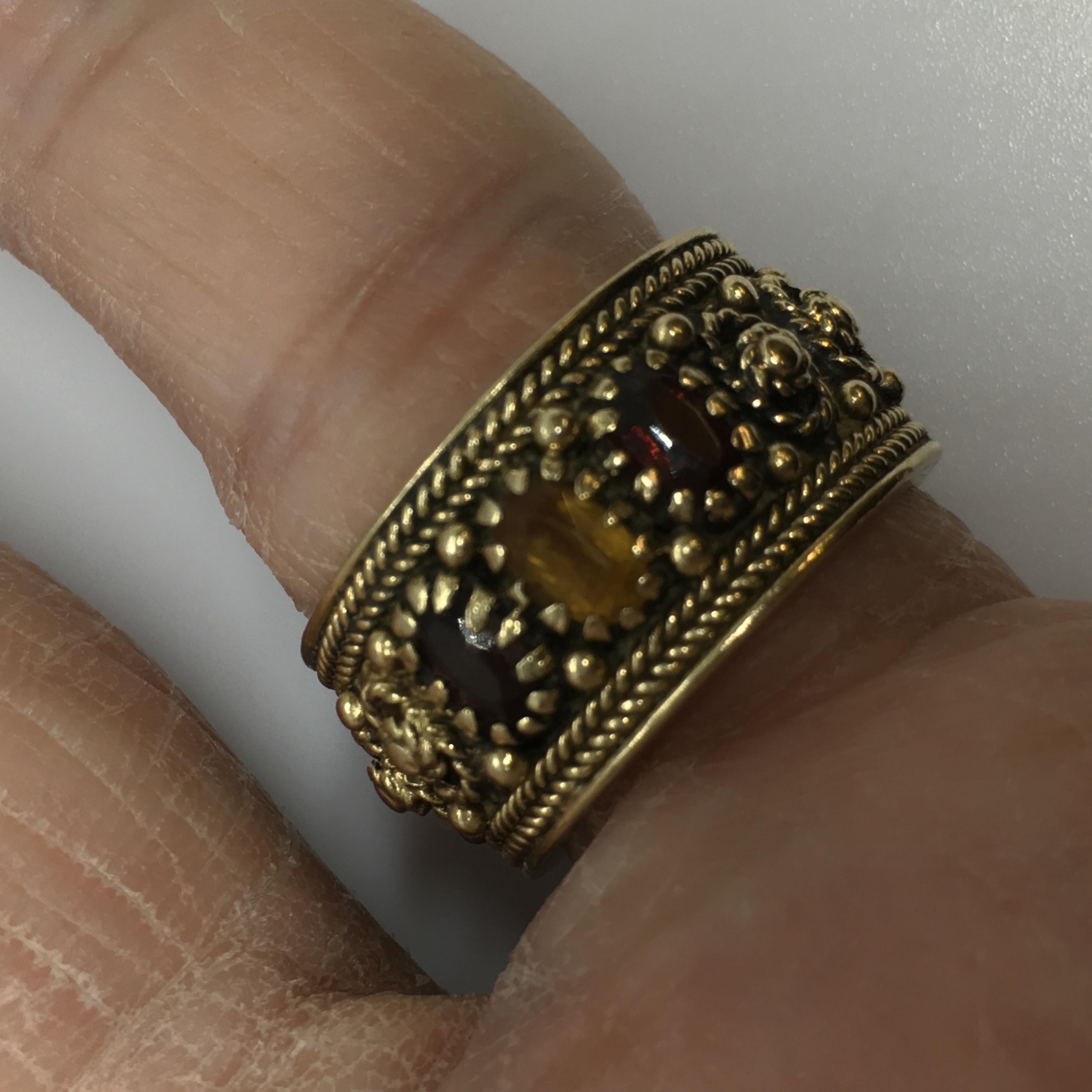 Art Deco 14K Goldband Granat Citrin umfangreiche Perlenarbeit Größe 5,75 im Angebot 4