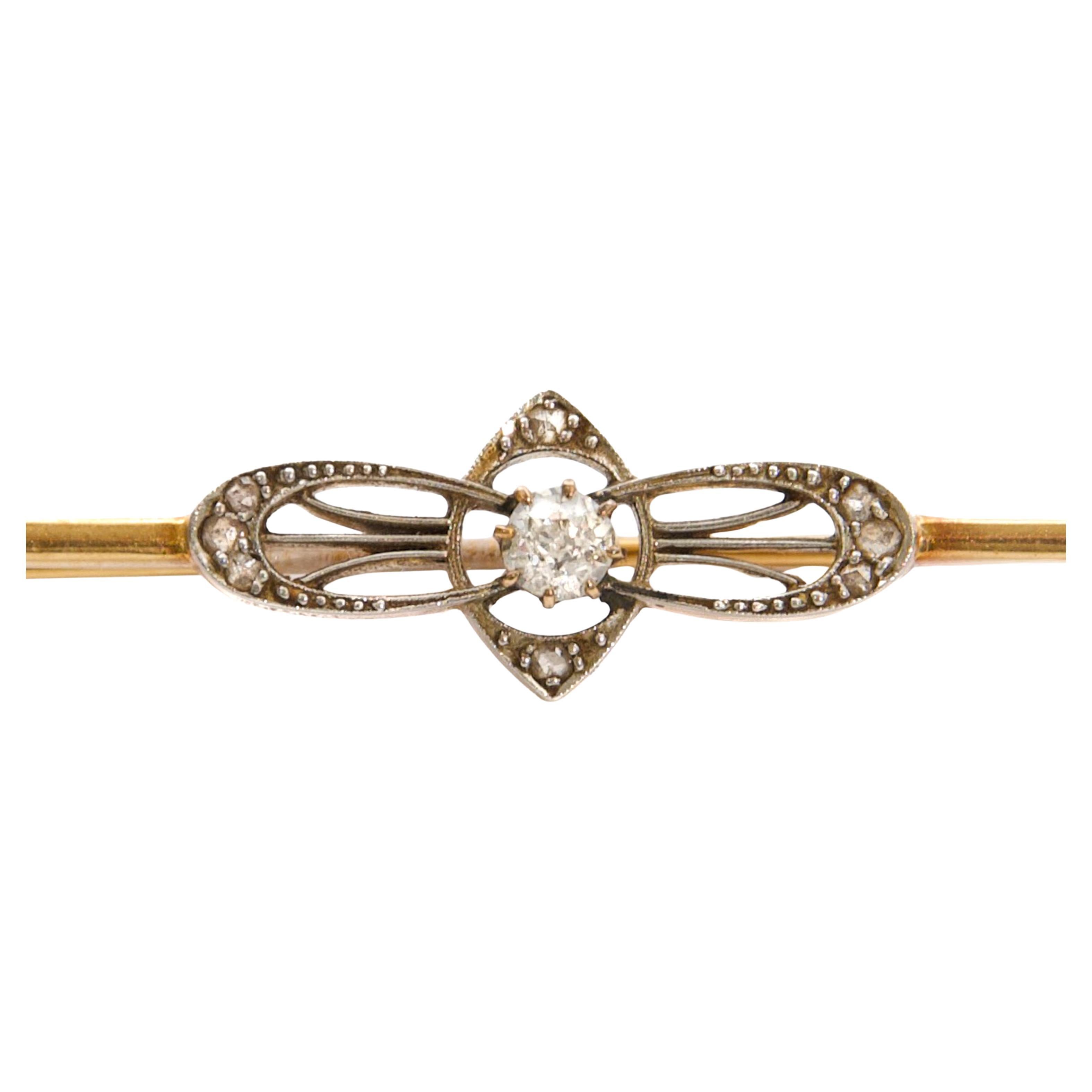 Art Deco 14K Gold Bar Brooch with Old Mine-Cut and Rose-Cut Diamonds For Sale