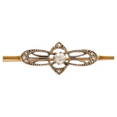 Art Deco 14K Gold Bar Brooch with Old Mine-Cut and Rose-Cut Diamonds