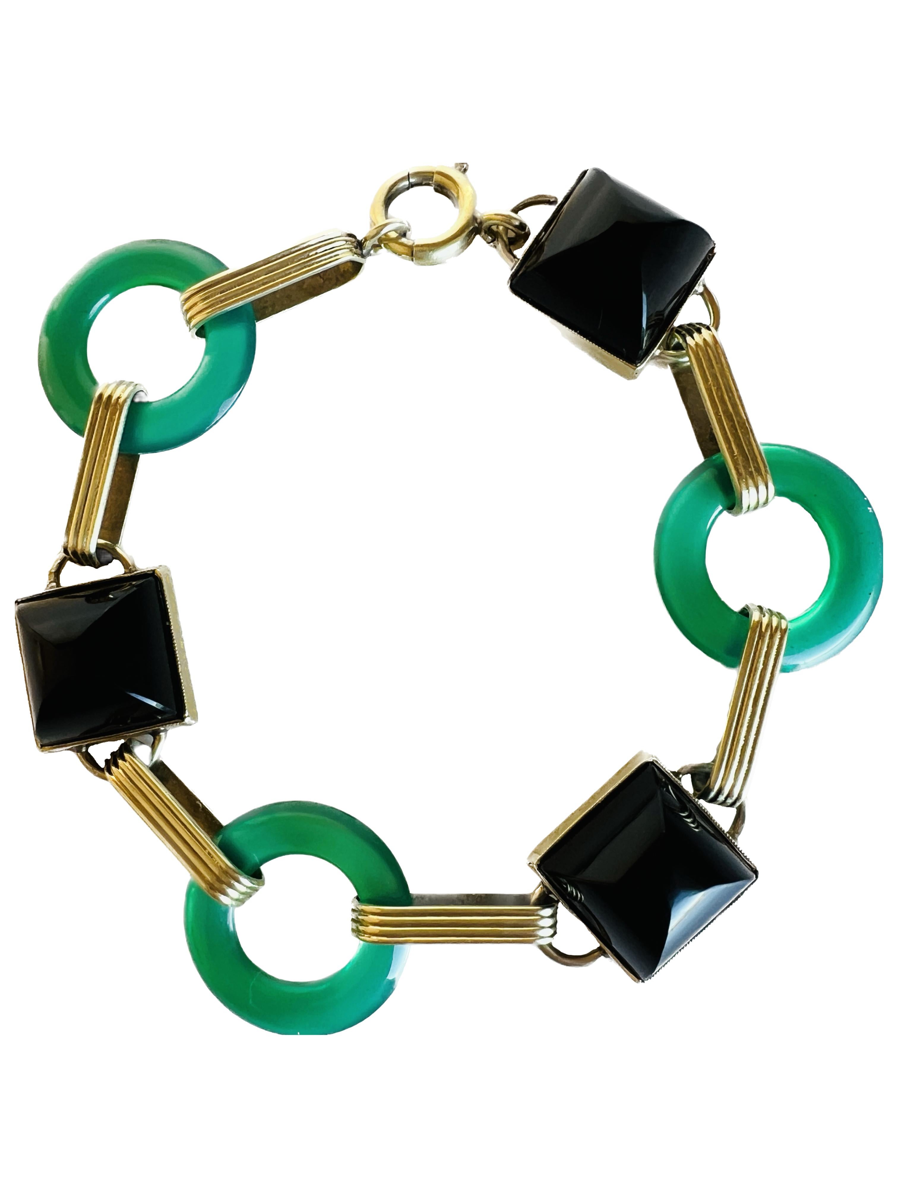 Art Deco 14k Gold Black Onyx Sugarloaf Green Chrysoprase Retro Bracelet For Sale 2