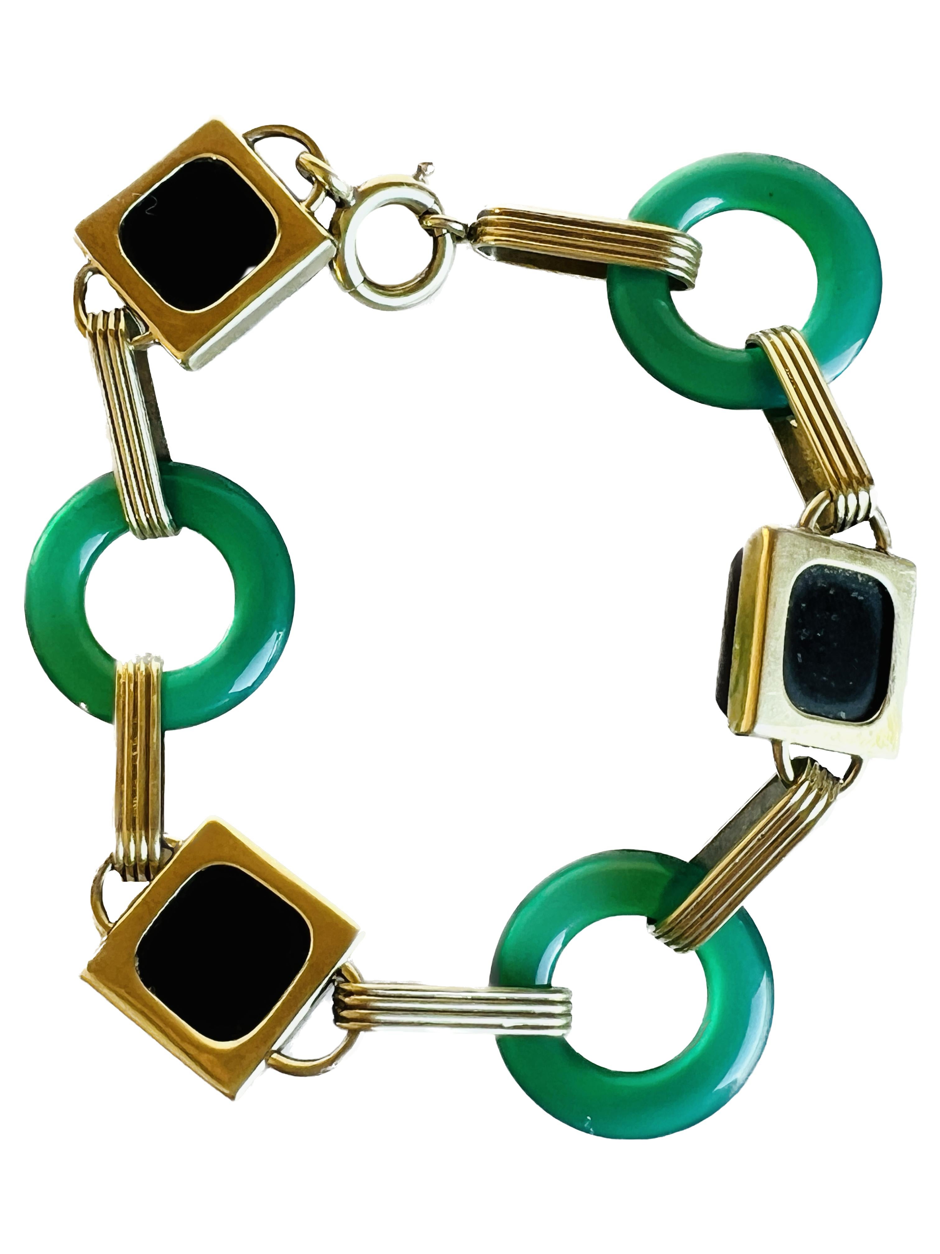 Art Deco 14k Gold Black Onyx Sugarloaf Green Chrysoprase Retro Bracelet For Sale 3