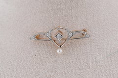 Art Deco 14k Gold Brooch with Old-Cut Diamonds and Pearl