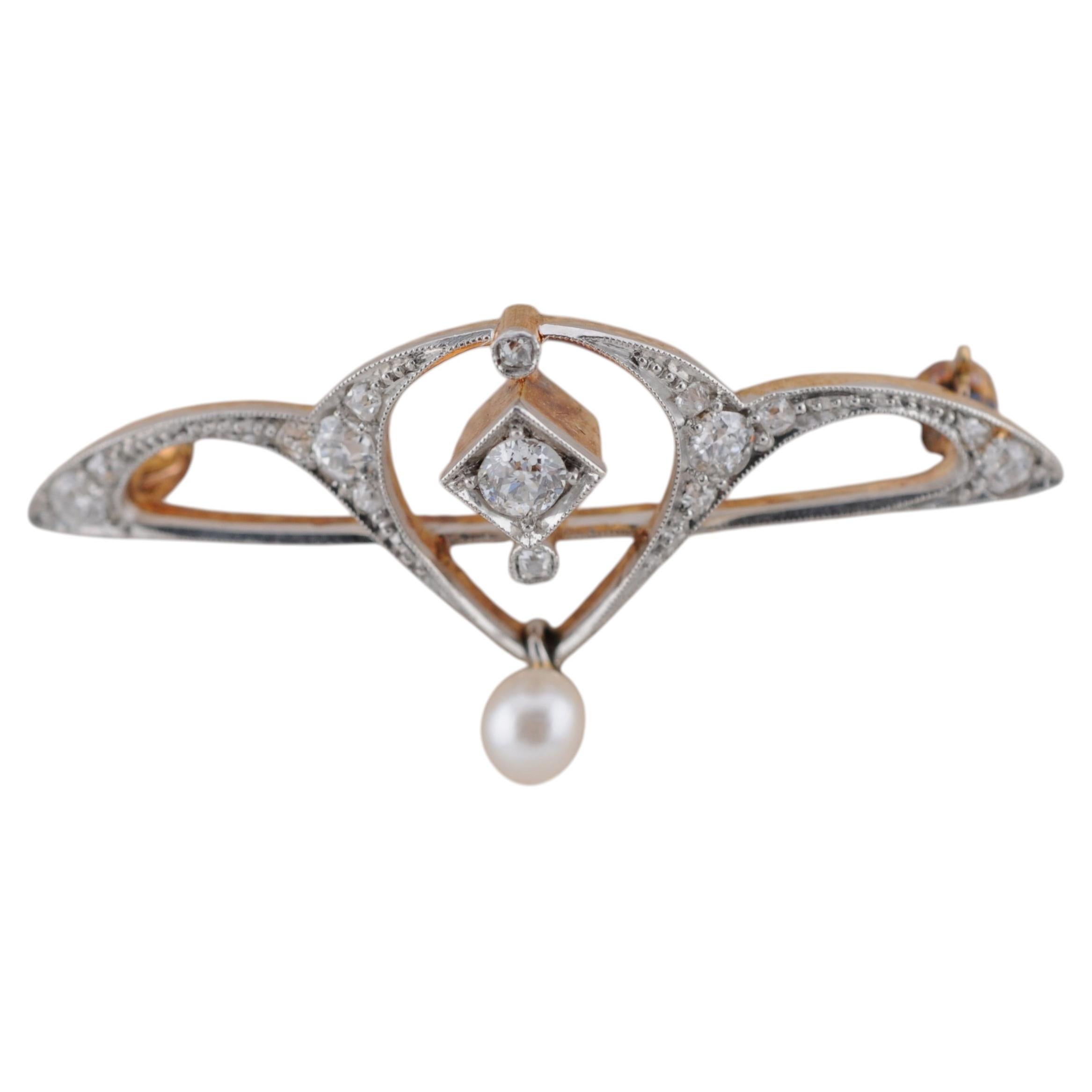 Art Deco 14k Gold Brooch with Old-Cut Diamonds and Pearl For Sale at ...