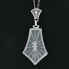 Art Deco 14k Gold Camphor Glass W/ Diamond Filigree Pendant 17" Textured Chain