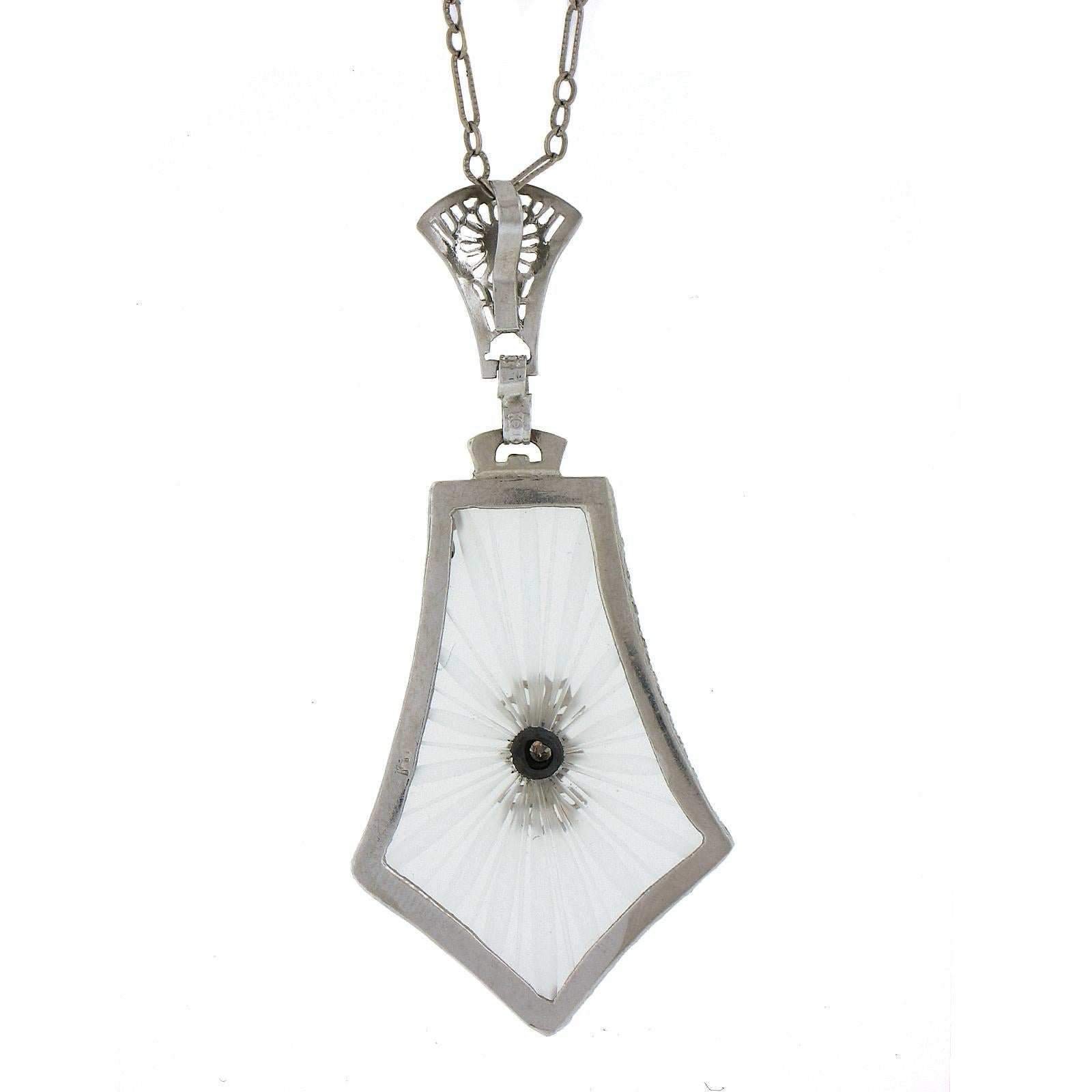 Art Déco 14k Or Verre Camphre Avec Pendentif Filigrane Diamant 17
