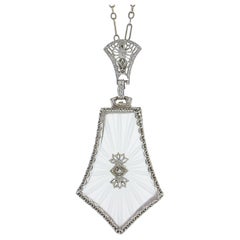 Art Deco 14k Gold Camphor Glass W/ Diamond Filigree Pendant 17" Textured Chain