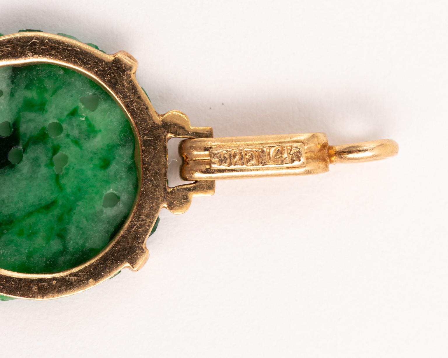 Art Deco 14 Karat Gold Carved Chinese Jadeite Jade Disk Link Bracelet 6