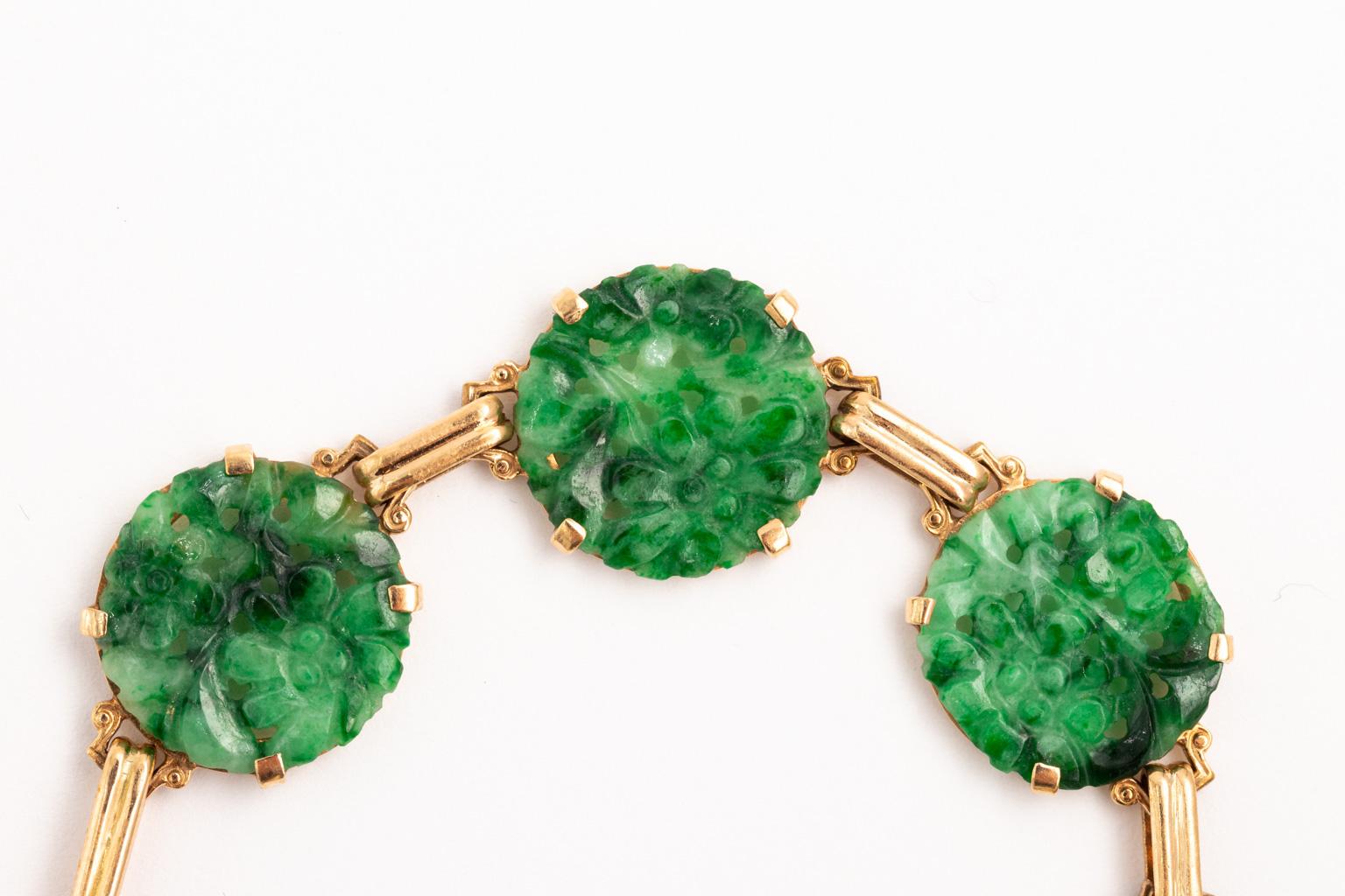 Art Deco 14 Karat Gold Carved Chinese Jadeite Jade Disk Link Bracelet 1
