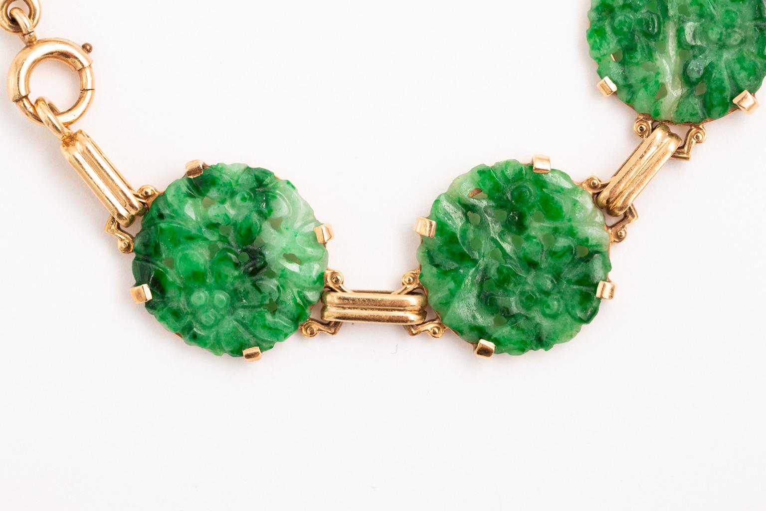 Art Deco 14 Karat Gold Carved Chinese Jadeite Jade Disk Link Bracelet 2