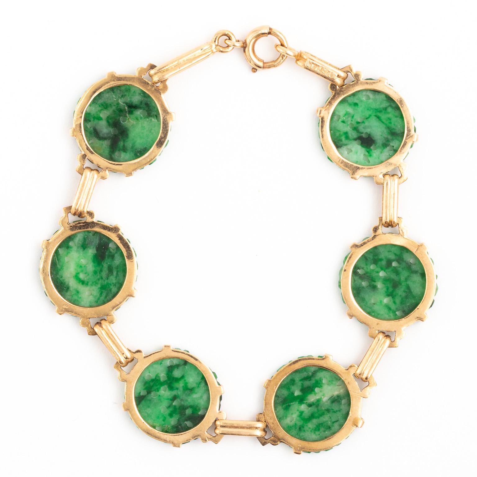 Art Deco 14 Karat Gold Carved Chinese Jadeite Jade Disk Link Bracelet 3