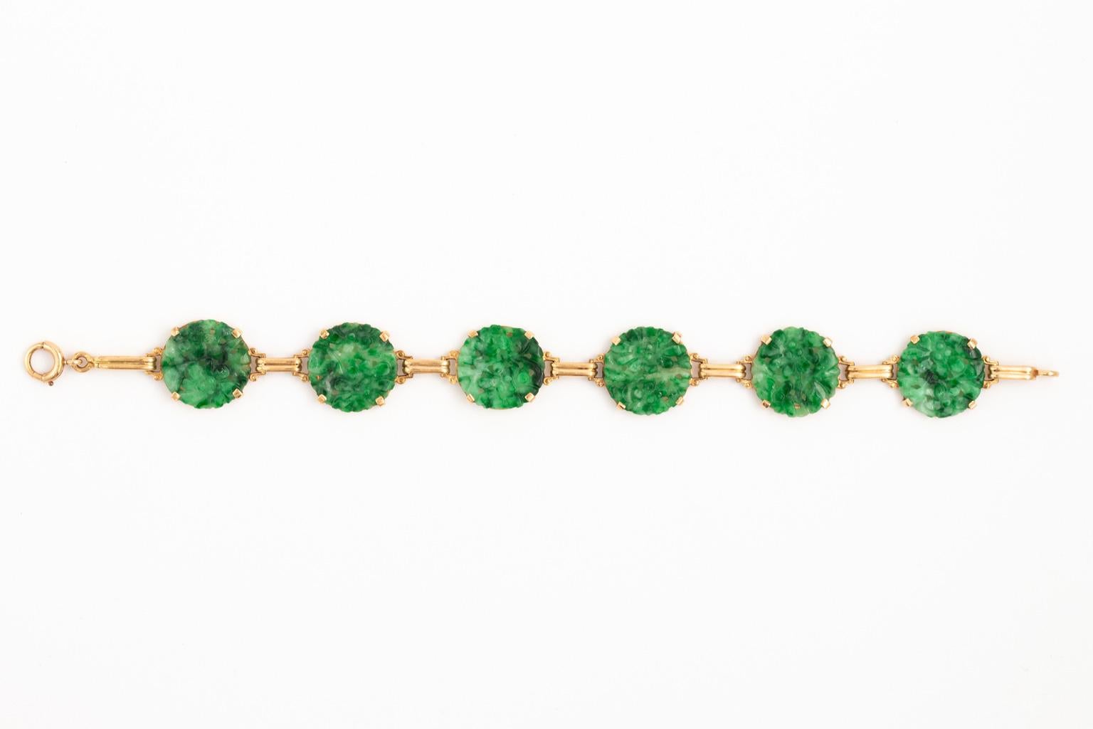 Art Deco 14 Karat Gold Carved Chinese Jadeite Jade Disk Link Bracelet 4
