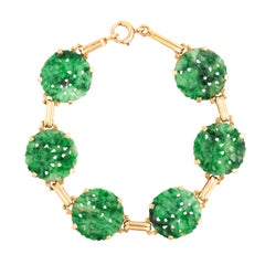 Art Deco 14 Karat Gold Carved Chinese Jadeite Jade Disk Link Bracelet