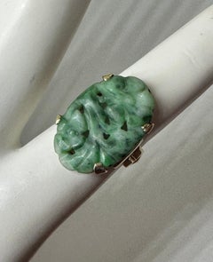 Art Deco 14K Gold Carved Flower Jade Cocktail Ring Antique