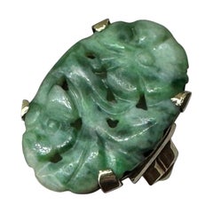Art Deco 14K Gold Carved Flower Jade Cocktail Ring Antique