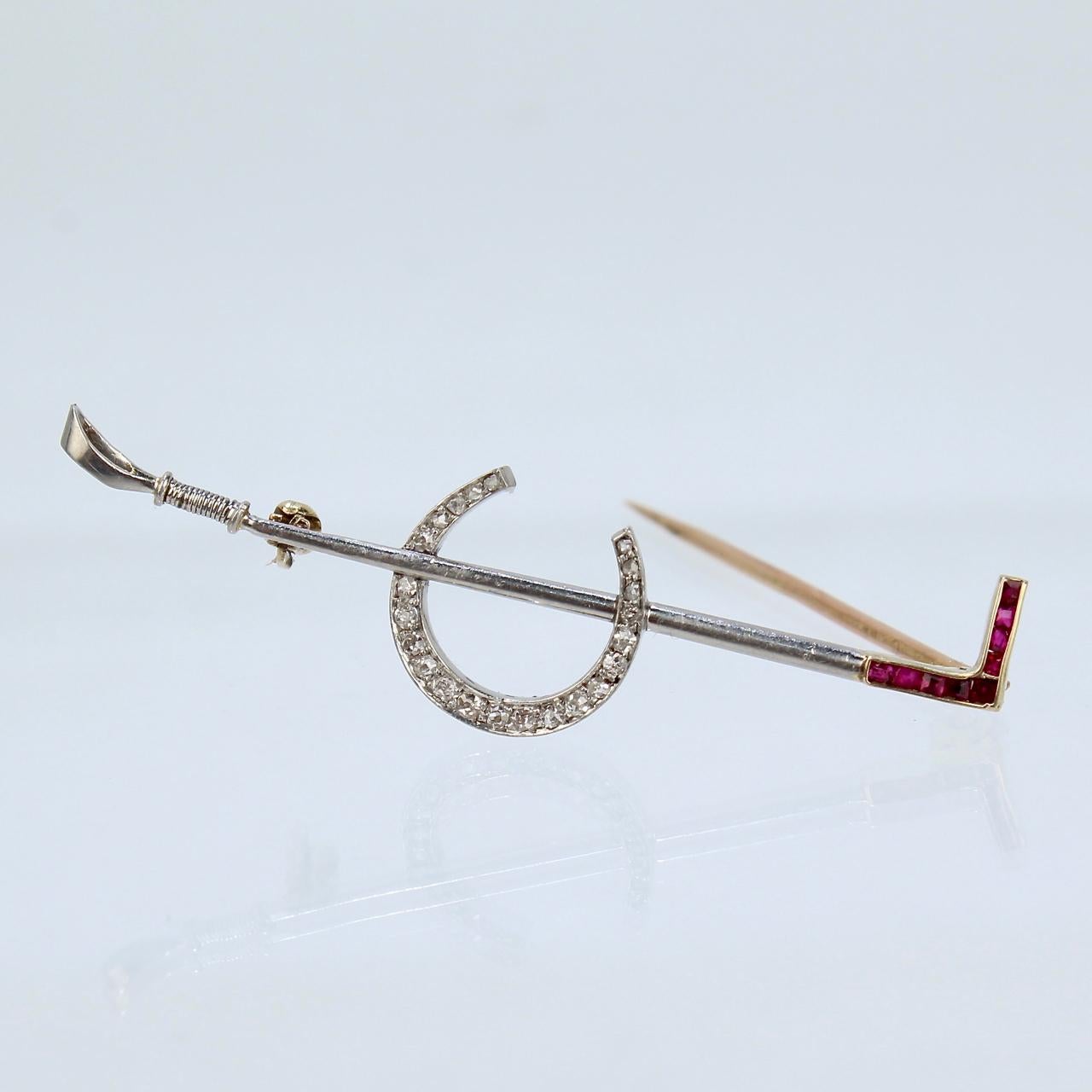 Women's or Men's Art Deco 14 Karat Gold Diamond and Ruby Equestrian Riding Crop and Horseshoe Pin For Sale