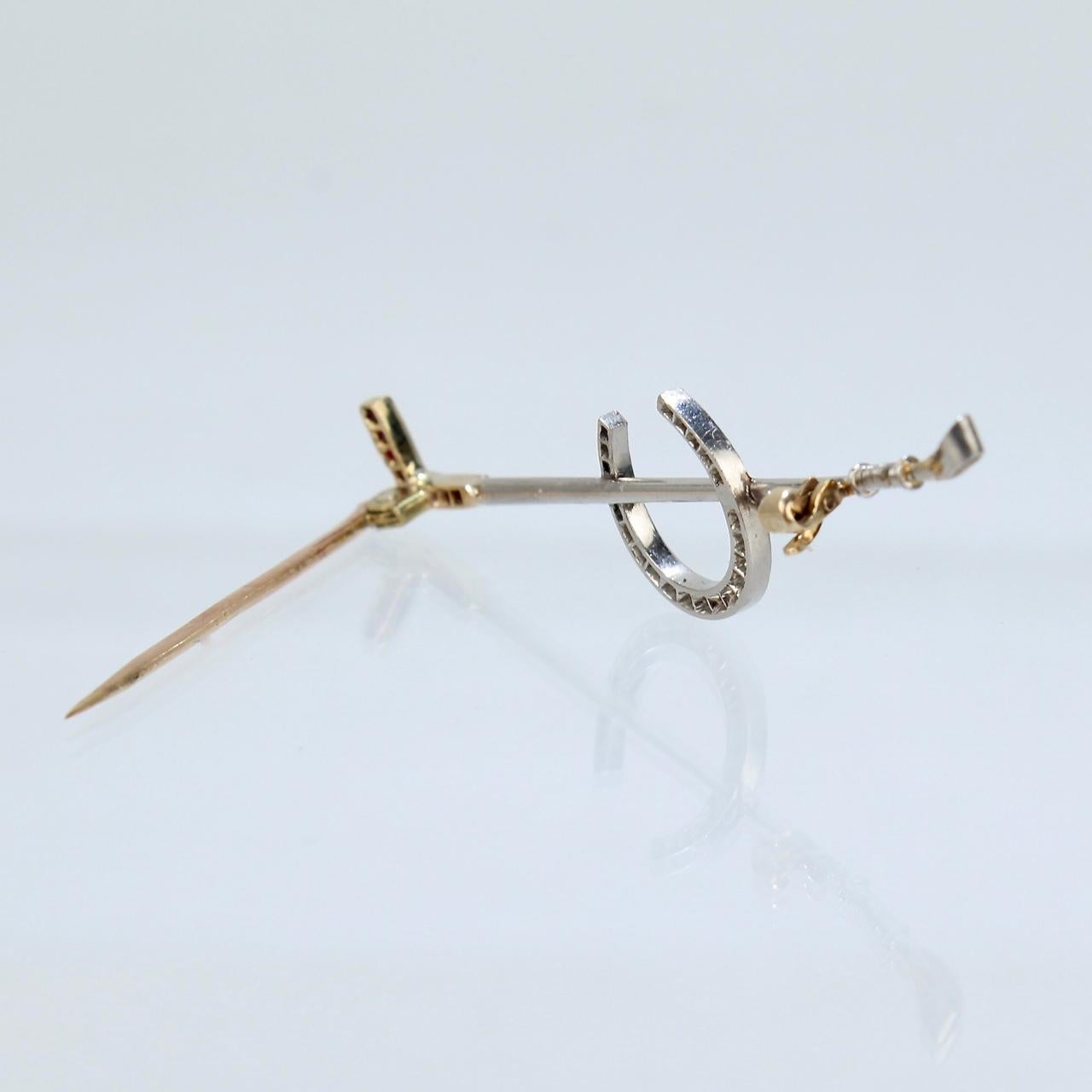 Art Deco 14 Karat Gold Diamond and Ruby Equestrian Riding Crop and Horseshoe Pin For Sale 1
