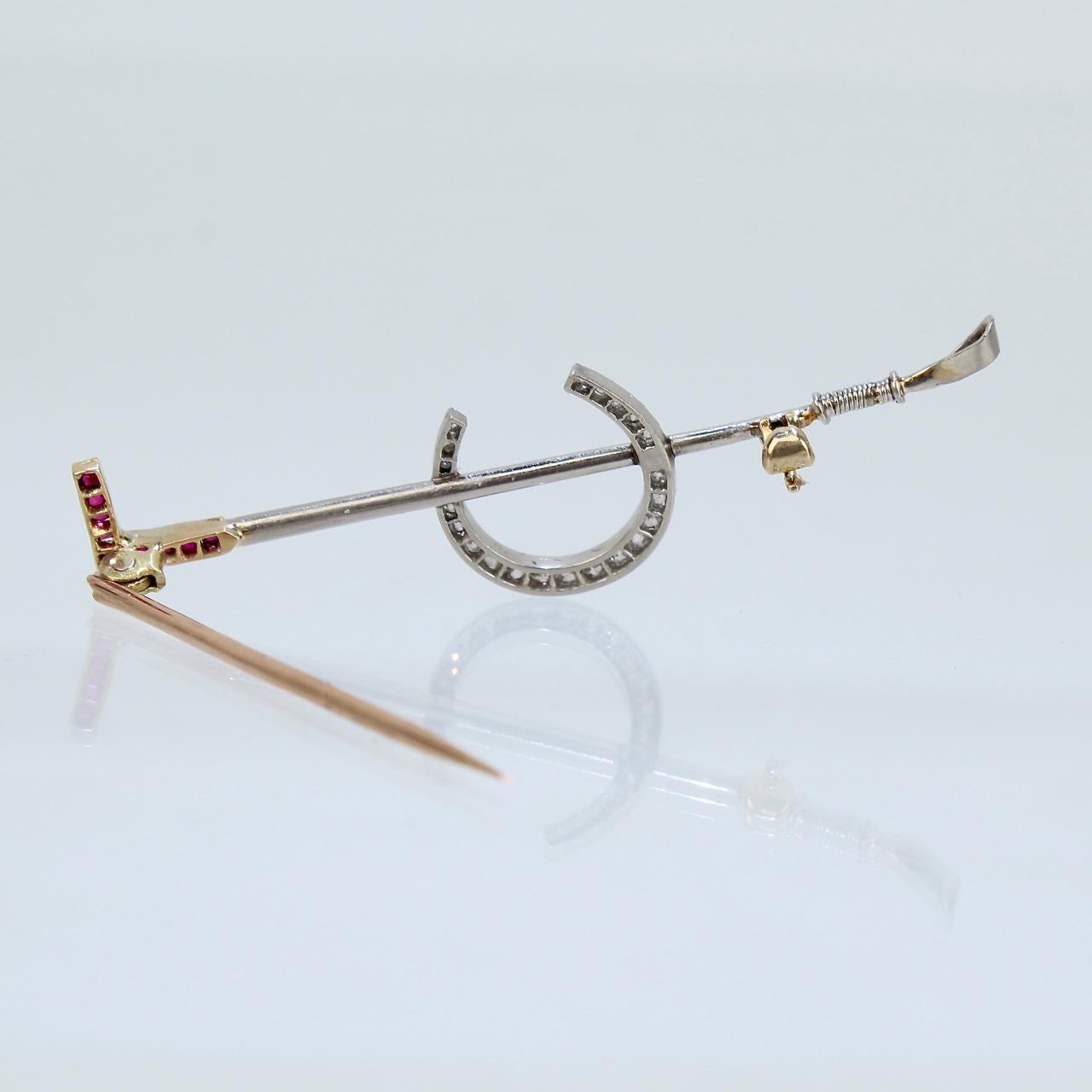 Art Deco 14 Karat Gold Diamond and Ruby Equestrian Riding Crop and Horseshoe Pin For Sale 2