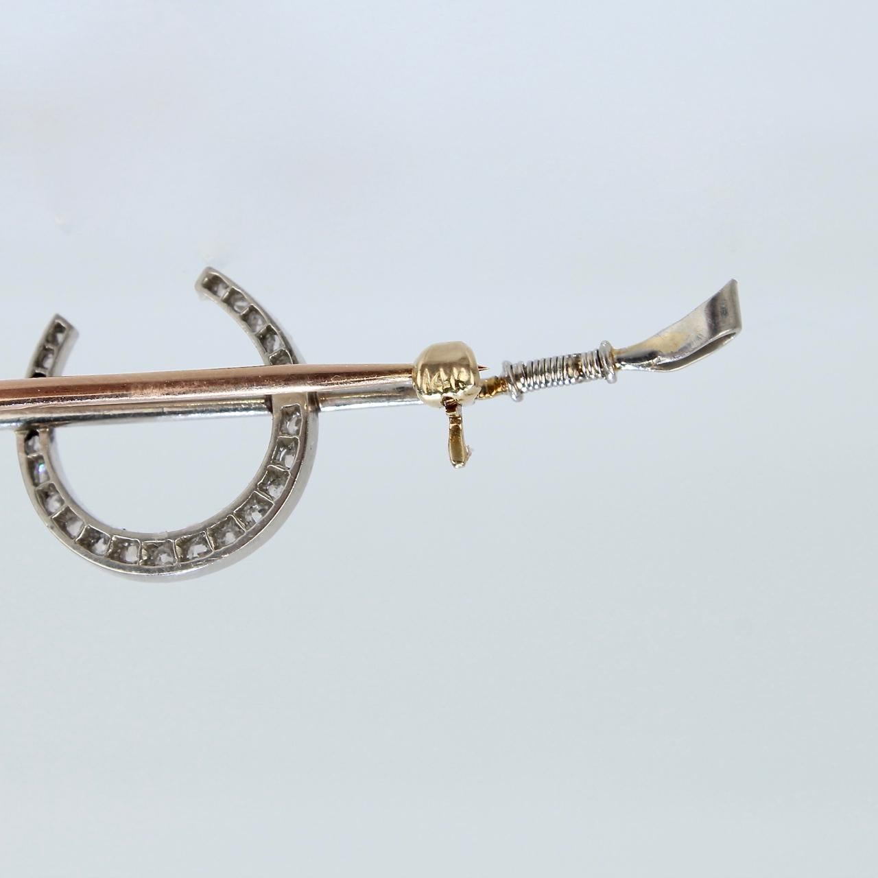 Art Deco 14 Karat Gold Diamond and Ruby Equestrian Riding Crop and Horseshoe Pin For Sale 3