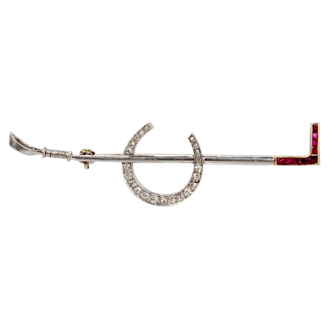 Art Deco 14 Karat Gold Diamond and Ruby Equestrian Riding Crop and Horseshoe Pin For Sale