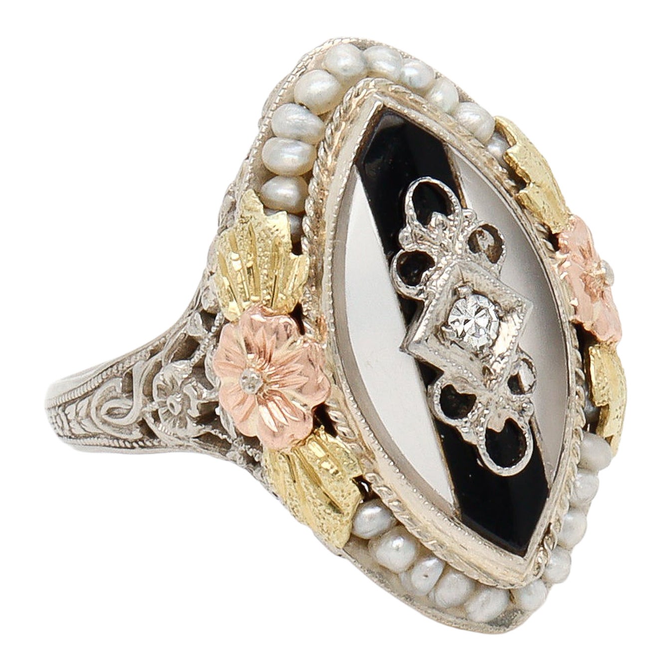 Art Deco 14K Gold, Diamond, Pearl, Rock Crystal, and Onyx Filigree Cocktail Ring