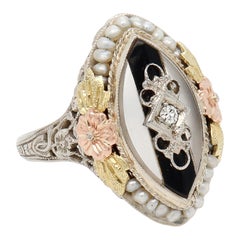 Art Deco 14K Gold, Diamond, Seed Pearl, Rock Crystal, and Onyx Filigree Cocktail