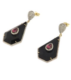 Art Deco 14K Yellow Gold Onyx Tourmaline Diamond Grain Setting Drop Earring
